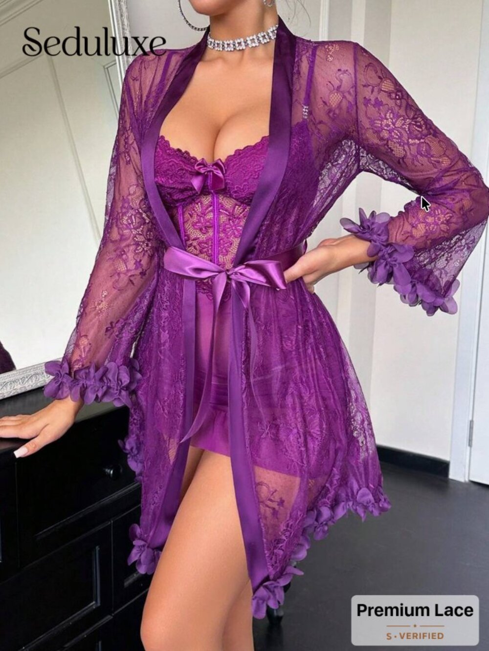 2pcs Set: Floral Lace Robe + Fishbone Waist Design Lace Camisole Nightgown